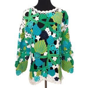 Vintage 80s Open Crochet Tunic Top Ocean Starfish Sheer Beach Cover Up Womens S